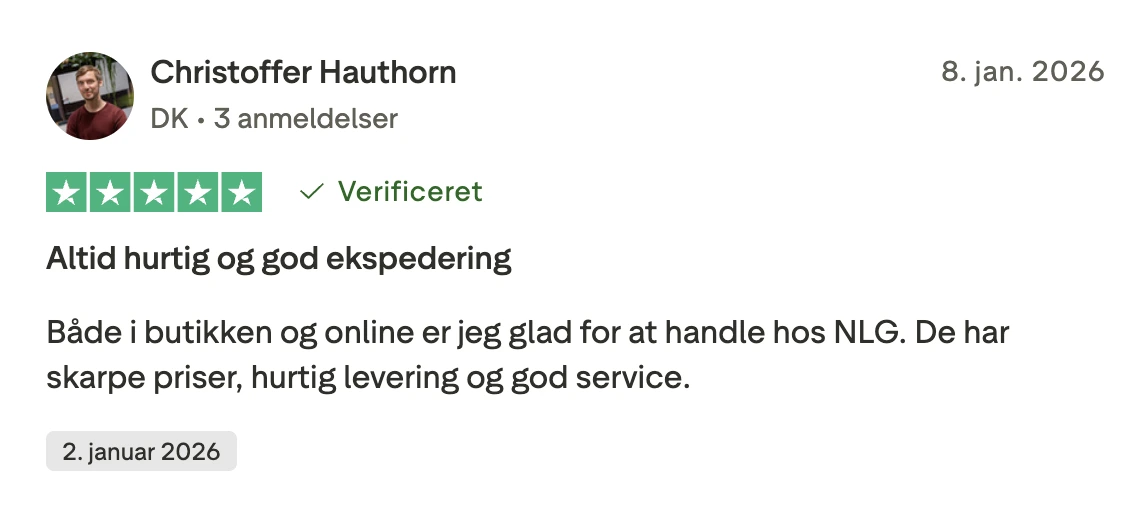 christtoffer 5 stjerner: "Altid hurtig og god ekspedering Både i butikken og online er jeg glad for at handle hos NLG. De har skarpe priser, hurtig levering og god service."
