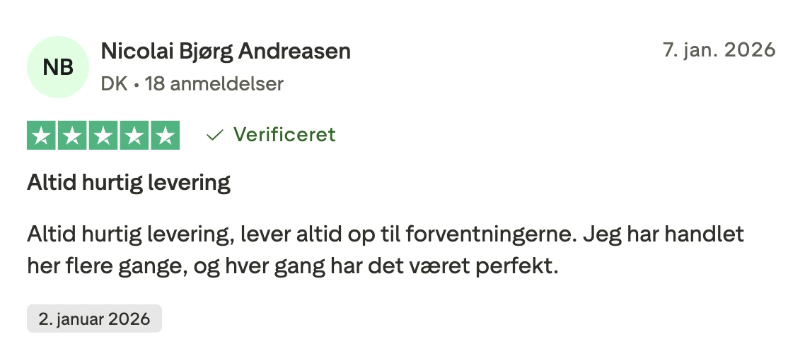 nicholai 5 stjerner: "Altid hurtig levering, lever altid op til forventningerne. Jeg har handlet her flere gange, og hver gang har det været perfekt."
